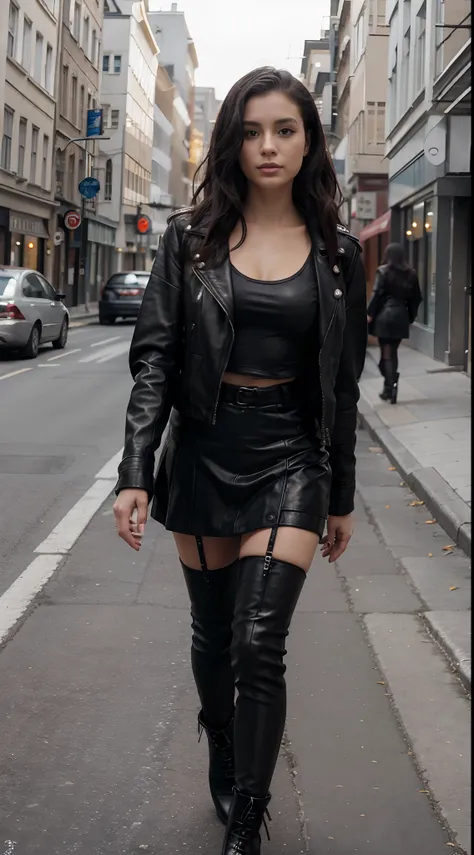 Best Quality, 8K, 32K, masutepiece,wave hair,27 years old,black leather jacket,black leather miniskirt,Black stockings,walking in the street,