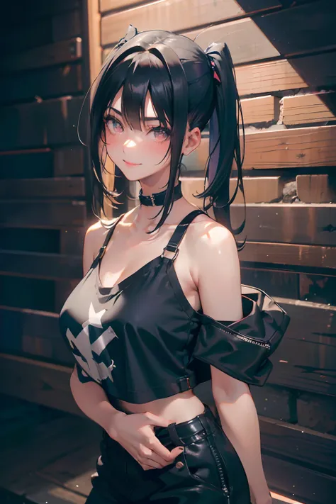 a 20 yo woman、Black blue Hair、long twintail、Big smile、camisole、(hi-top fade:1.3)、dark themed、Muted Tones、Subdued Color、highly contrast、(natural skin textures、Hyper-Realism、Soft light、sharp)