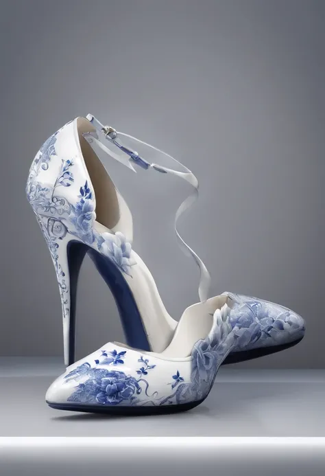 Blue and white porcelain,Ceramic material,high-heels,artwork of a,High detail,3D,Chiaroscuro, Cinematic lighting, god light, Cinematic lighting, hyper HD, High details, Best quality, A high resolution, Textured skin