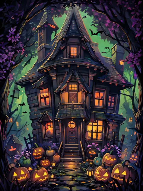 witch house, halloween-themed, t-shirt design, black background