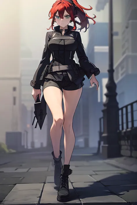 Full Body, Female focus, Wearing waiscoat and tie, black booty shorts, tall zipper boots, Holding a book, Green eyes, X-Shaped pupils, Red hair, Ponytail hair, Earrings shaped like crystals, Black earrings, Indifferent expression, Anime artstyle,