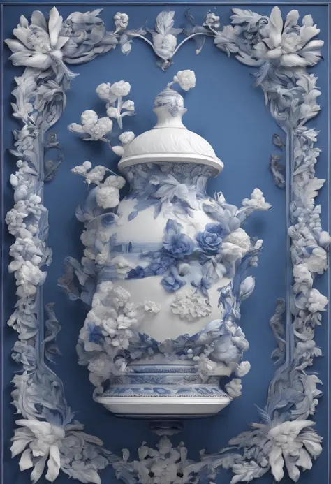 Blue and white porcelain,Ceramic material,book,artwork of a,High detail,3D,Chiaroscuro, Cinematic lighting, god light, Cinematic lighting, hyper HD, High details, Best quality, A high resolution, Textured skin