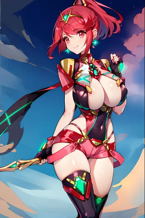 pyra (xenoblade), teen_1girl, loli, bangs, black gloves, breasts, red eyes, shout, earrings, eyelashes, fingerless gloves, floating hair, , gem, gloves, hair ornament, headpiece, jewelry, gigantic_breasts, leaning back, swimsuit, neon trim, official art, p...