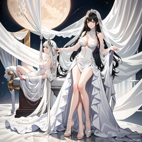 Less royalty，Delicate cold white skin face，Delicate Crystal Princess heels，Black hair，nedium breasts，cleavage，The long legs are thin and straight, and white，white lace wedding dress，moon full，Look at the theme，mediuml breasts，themoon，sitted，High heels，a th...