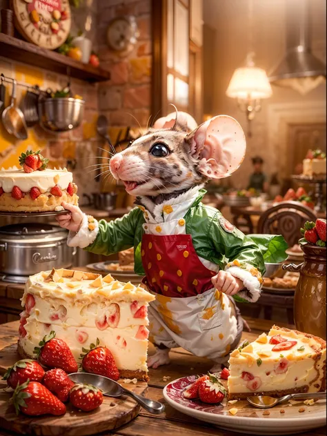 (a mouse dressed as a chief), (a mouse as a cook), (decorating a super delicious cheesecake), (creamy cheesy cake served with some strawberries), (messy table), (pieces of cheese laying around), (best quality:1.2), (ultra-detailed), (photorealistic:1.37), ...