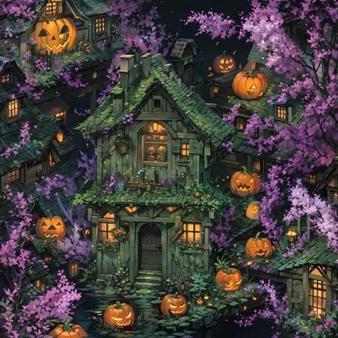 witch house, halloween-themed, t-shirt design, black background