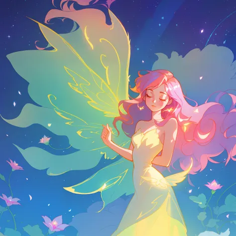 beautiful girl in flowing ballgown dress, (glowing fairy wings), glowing flowing ballgown, long wavy hair, sparkling fairy wings, watercolor illustration, flowers and colorful plants, inspired by Glen Keane, inspired by Lois van Baarle, disney art style, b...