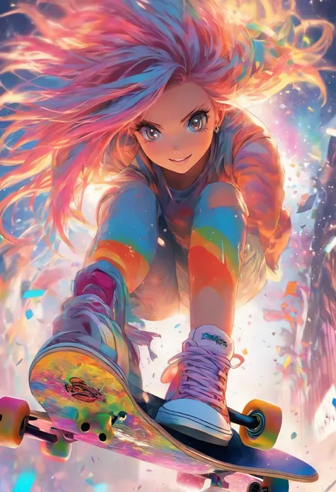 The most beautiful and sexy skateboarding girls, rainbow-colored hair, , Highly detailed background, perfect masterpiece, High quality, High resolution.Hair is long