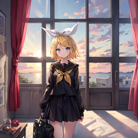 Kagamine Rin , por rubio  , coletas 、ojos rojos、Hermosa chica sola、quimono、una minifalda、aula de escuela 、sentado en pupitre , luz de atardecer (entrando por la ventana , cortinas que se mueven un poco con el viento