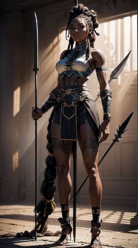 A full body ebony woman, ((standing:2)), (holding a spear:1.7), (happyness look:0.8), (wearing battle outfit:1.1), (elaborated dreadlock hairstyle:1.5), (reflective eyes:0.9), (tribal tattoo:1.1), sunrise backgroud, sunray, hyper detailed, hyper realistic,...