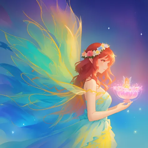 beautiful girl in flowing ballgown dress, (glowing fairy wings), glowing flowing ballgown, long wavy hair, sparkling fairy wings, watercolor illustration, flowers and colorful plants, inspired by Glen Keane, inspired by Lois van Baarle, disney art style, b...