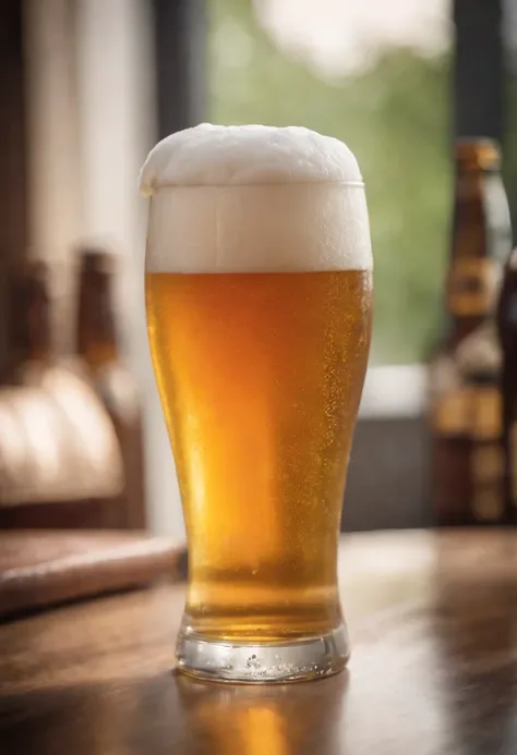 a glass of beer, cold beer, with real foam on the edge, a glass glass, style like tulip, like tulip full of beer, similar to beer advertisements, beer commercial, --auto