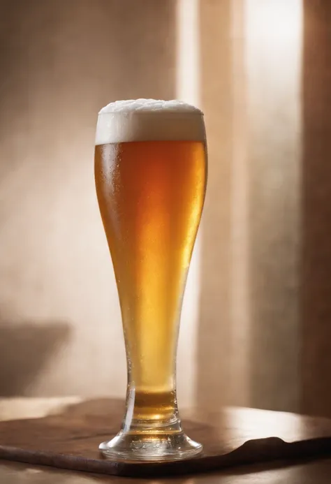 a glass of beer, cold beer, with real foam on the edge, a glass glass, style like tulip, like tulip full of beer, similar to beer advertisements, beer commercial, --auto