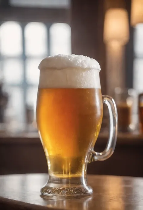 a glass of beer, cold beer, with real foam on the edge, a glass glass, style like tulip, like tulip full of beer, similar to beer advertisements, beer commercial, --auto