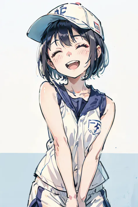 1 girl、Sleeveless、Eyes closed、Laughing、bob cuts、White Baseball Cap、School gym clothes、simple background