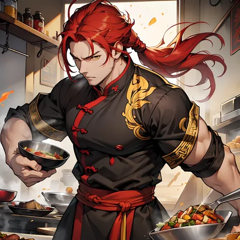 Mans, 35 years old、red hairs、yellow  eyes、poneyTail、Black cooking clothes、Kungfu、musculature、Wild、Chinese Chef、Strong body、