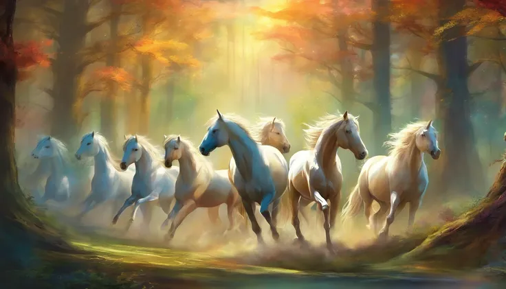 Seven majestic horses racing gracefully through an enchanted, ancient forest, surrounded by towering, luminous trees that whisper secrets, the atmosphere filled with an aura of wonder and mystique, Painting, watercolors on textured paper