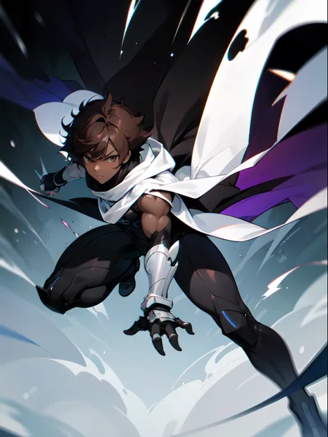 Masterpiece, highres, High quality, Dark skin teen, male, slightly buff, medium dark brown hair hair, big innocent grey eyes, wearing a black full bodysuit, six white long torn scarf, hooded white cloaks, black white battle Gauntlets, dramatic sho, intensi...