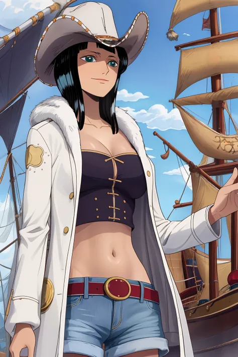 1girl,nico robin,cowboy shot,mature female,light smile,medium hair,large breasts,hat,white coat,denim shorts,  belt,midriff,on pirate ship