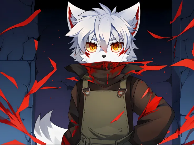 terroral，blood vess，Be covered in blood，The corners of his mouth were stained with blood，solo person，White body，White ears，White hair，White fur，Overall white，Orange-yellow eyes，Wolf tail，Wolf orcs，Wolf paws，Young，Wear a jacket，Ultra-clear screen，Soft lines