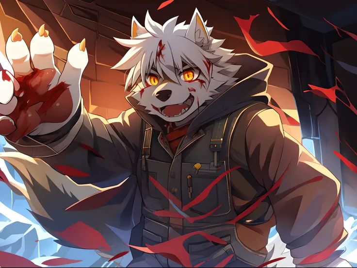 terroral，blood vess，Be covered in blood，The corners of his mouth were stained with blood，solo person，White body，White ears，White hair，White fur，Overall white，Orange-yellow eyes，Wolf tail，Wolf orcs，Wolf paws，Young，Wear a jacket，Ultra-clear screen，Soft lines