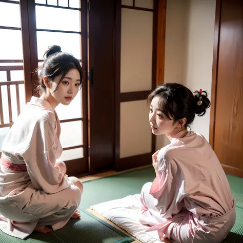 Two women in their 40s、Wearing neat and clean Japanese clothes、Hair is up、Beautiful nape、Beautiful knees are visible、Shot from a lower angle