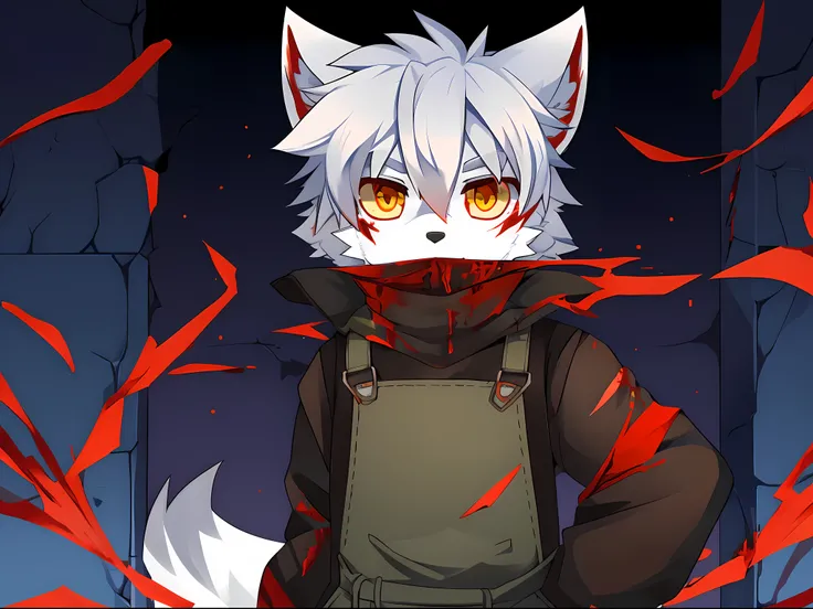 terroral，blood vess，Be covered in blood，The corners of his mouth were stained with blood，solo person，White body，White ears，White hair，White fur，Overall white，Orange-yellow eyes，Wolf tail，Wolf orcs，Wolf paws，Young，Wear a jacket，Ultra-clear screen，Soft lines