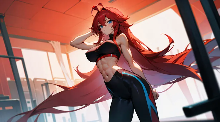 Rias Gremory, six-pack abs, arm muscles,Long hair, sport bra, red hair, ahoge, blue eyes, large breasts, extra very long hair,big breastes, sports leggings, huge ahoge, Standing, Gym, one girls