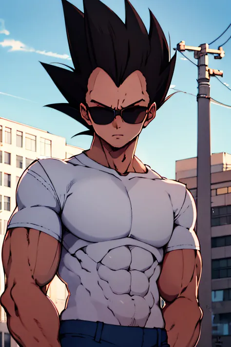 1boy ,solo,    detailed eyes,   masculine face, urban area ,  modern building , sunglasses, vast blue sky, clouds, black  hair, morning, sunny, spiked hair, vegeta, pink short sleeve shirt,  muscular male, detailed background,