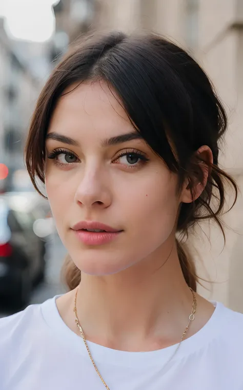 Brunette girl wearing white tshirt, highly detailed, 30 year old, visage innocent, highly detailed, mise au point nette, detailed skin, Realistic skin texture, Texture, detailled eyes, Professionnel, 4K,  85 mm, Light depth of field, Kodak Vision Couleur, ...