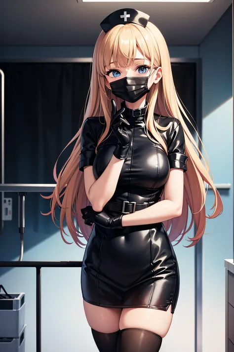 black nurse, 1girl, solo, black nurse cap, black wear, ((black legwear, zettai ryouiki)), black elbow gloves, blonde hair, blue ...