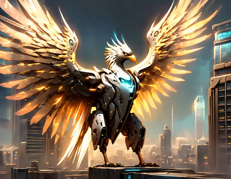 Translucent ethereal mechanical phoenix，Futuristic Phoenix，Mechanical wings，futuristic urban background，Beautiful sci-fi art, Science-fi digital art illustration, Digital cyberpunk art, science fiction digital painting, futuristic digital painting, futuris...