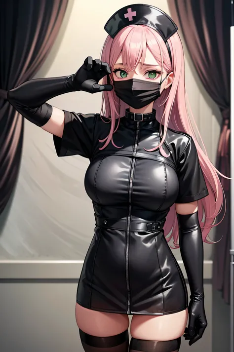 black nurse, 1girl, solo, black nurse cap, black wear, ((black legwear, zettai ryouiki)), black elbow gloves, pink hair, green eyes, drooping eyes, ((black surgical mask, covered nose)), standing, ((surgery room)), sharp outline, short sleeves, best qualit...