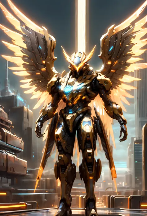 translucent ethereal mechanical phoenix，futuristic phoenix，mechanical wings，futuristic urban background，beautiful sci-fi art, sc...