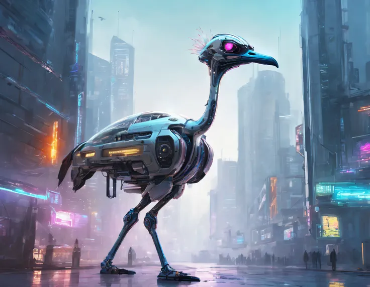 Translucent ethereal mechanical ostrich，Futuristic ostrich，Two-legged mechanical ostrich，futuristic urban background，Beautiful sci-fi art, Science-fi digital art illustration, Digital cyberpunk art, science fiction digital painting, futuristic digital pain...