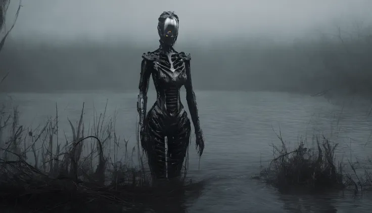 Female android posing for a photo in a river, robot woman, half body in the water, foggy marsh background, dark, creepy, ultra detailed, masterpiece.