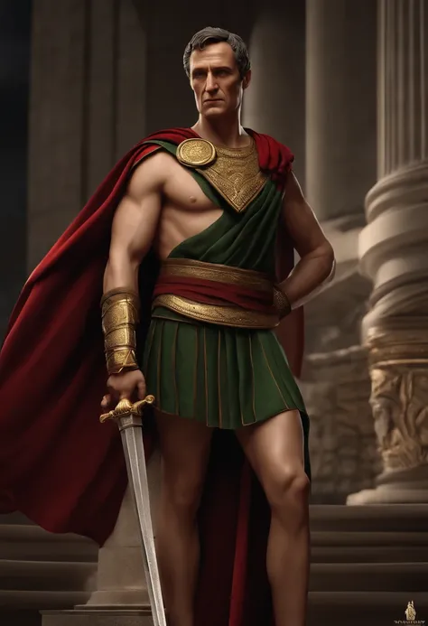 Create a realistic 3D representation of Julius Caesar looking straight at the camera, showcasing his imposing stature and determined expression. Be sure to capture the details of his Roman toga and insightful gaze. The scene should evoke the power and auth...