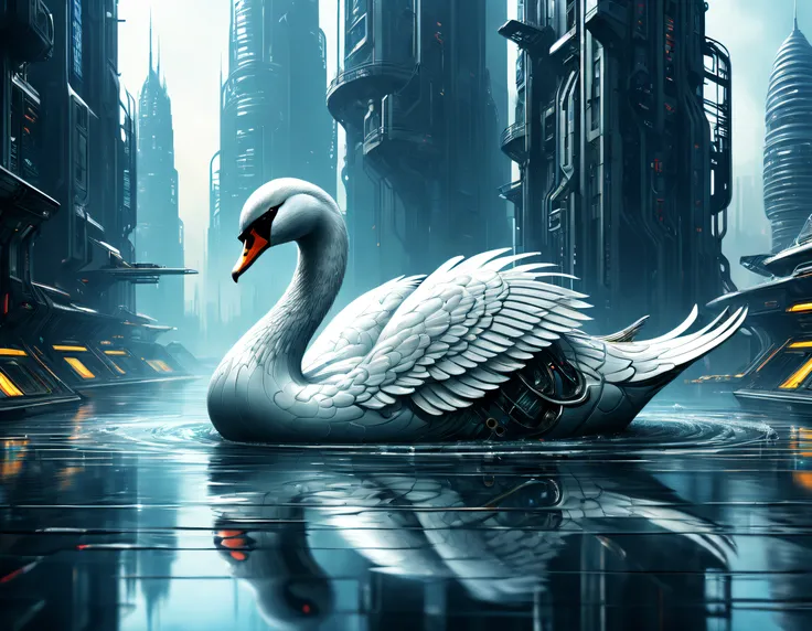 Metal mechanical swan in water，Futuristic metal swan，Mechanical swan swimming，The swan is made entirely of small metal parts，Detailed mechanical wing,Metal feathers,Precise and complex design,Ultra-fine texture,Shiny steel body,futuristic urban background，...