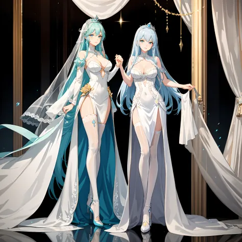 Less royalty，Delicate cold white skin face，Slim jade hands，Delicate Crystal Princess heels，nedium breasts，cleavage，The long legs are thin and straight, and white，white lace wedding dress，mediuml breasts，are standing，Princess Throne，Blue hair，White leg suit...