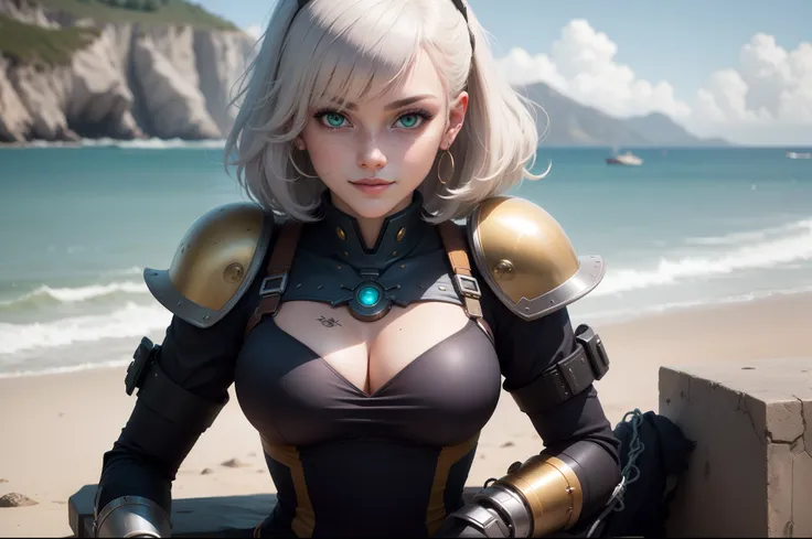 gwen tennyson,yshtola rhul,yorha 2b, 1girl,atelier ryza,overwatch,close up, mecha pilot,ocean view,tattoos,orange and silver plugsuit,white short sleeve lycra top,steel cargo pants,uncovered belly,short saiyan hair,cute makeup,green eyes,dimensional golden...