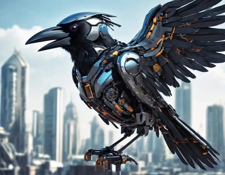 Flying metal mechanical crow，Futuristic metal crow，Mechanical crow，The crow is made entirely of small metal parts，Detailed mechanical wing,Metal feathers,Precise and complex design,Ultra-fine texture,Shiny steel body,futuristic urban background，Beautiful s...