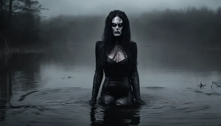 demon woman in latex leotard posing for a photo in a river, demonic woman, half body in the water, foggy marsh background, latex lingerie, dark, creepy, ultra detailed, masterpiece.