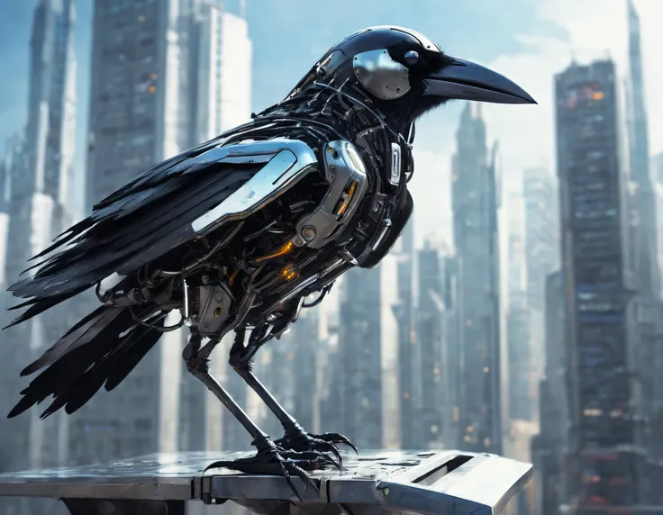 Flying metal mechanical crow，Futuristic metal crow，Mechanical crow，The crow is made entirely of small metal parts，Detailed mechanical wing,Metal feathers,Precise and complex design,Ultra-fine texture,Shiny steel body,futuristic urban background，Beautiful s...