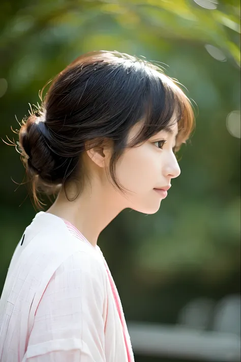 Female in her 40s、Wear clean Japanese clothes、Hair is up、Beautiful nape、shot from a lower angle