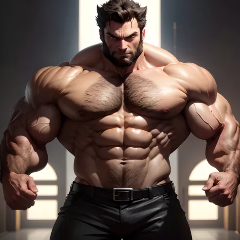 Wolverine muscled hairy with huge torso , huge pecs , huge arms , wear a tuxedo , full body