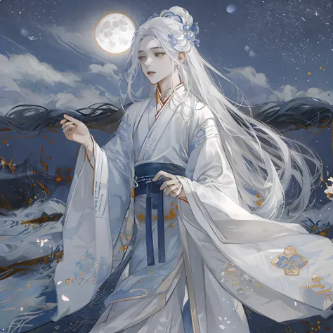 Male，White Hanfu，long  white hair，Long flowing hair，Wide robe with large sleeves，Ancient wind，Solid color clothes，The clothes do not have any patterns，laughingly，softlighting，water ink，Behind it is the full moon，low-saturation，low-contrast，led floodlights