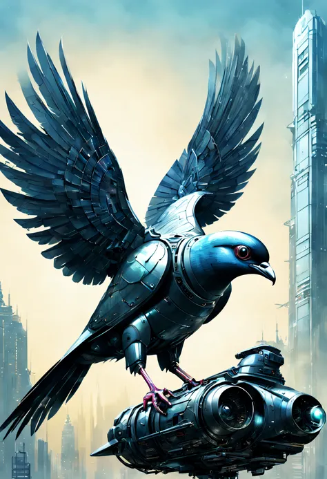 Flying metal mechanical pigeons，Futuristic metal pigeons，Mechanical pigeons，Pigeons are made entirely of small metal parts，Detailed mechanical wing,Metal feathers,Precise and complex design,Ultra-fine texture,Shiny steel body,futuristic urban background，Be...