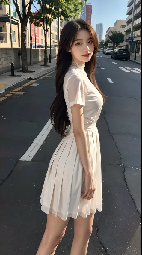 model shoot style，（The is very detailed的 CG unified 8k 壁纸），1个Giant Breast Girl，slender girl，ssmile，Best quality at best，（tmasterpiece：1.1），Watch by others，Brown hair long，Yellow sheer skinny panels tulle lace-wrapped T-shirt，Hosiery，White background wall，w...