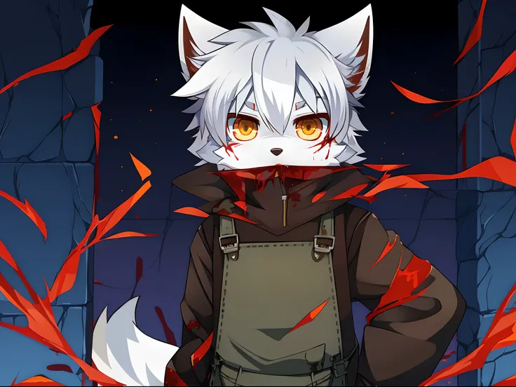 terroral，blood vess，Be covered in blood，The corners of his mouth were stained with blood，solo person，White body，White ears，White hair，White fur，Overall white，Orange-yellow eyes，Wolf tail，Wolf orcs，Wolf paws，Young，Wear a jacket，Ultra-clear screen，Soft lines