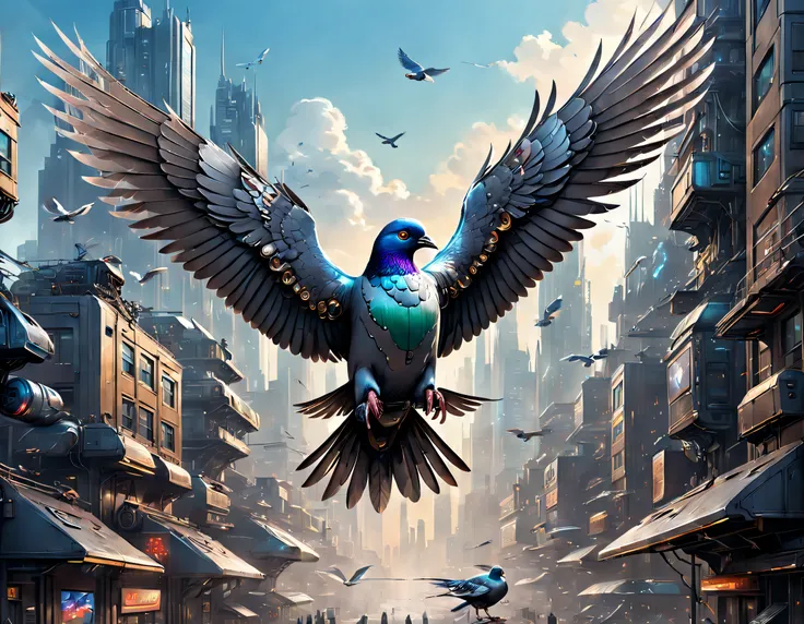 Flying metal mechanical pigeons，Futuristic metal pigeons，Mechanical pigeons，Pigeons are made entirely of small metal parts，Detailed mechanical wing,Metal feathers,Precise and complex design,Ultra-fine texture,Shiny steel body,futuristic urban background，Be...